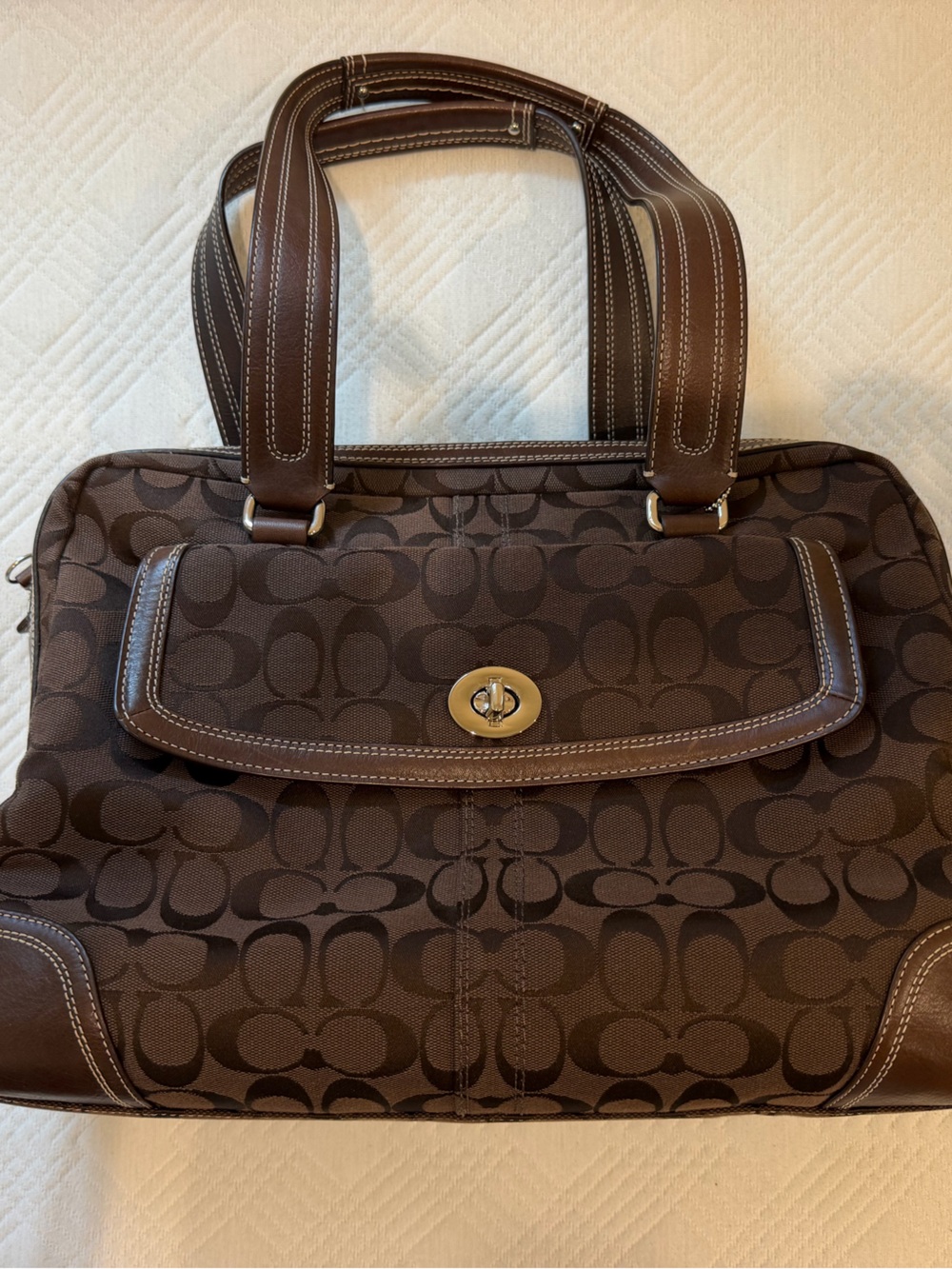 Coach Dark Brown Signature Canvas Shoulder Tote with Leather Trim